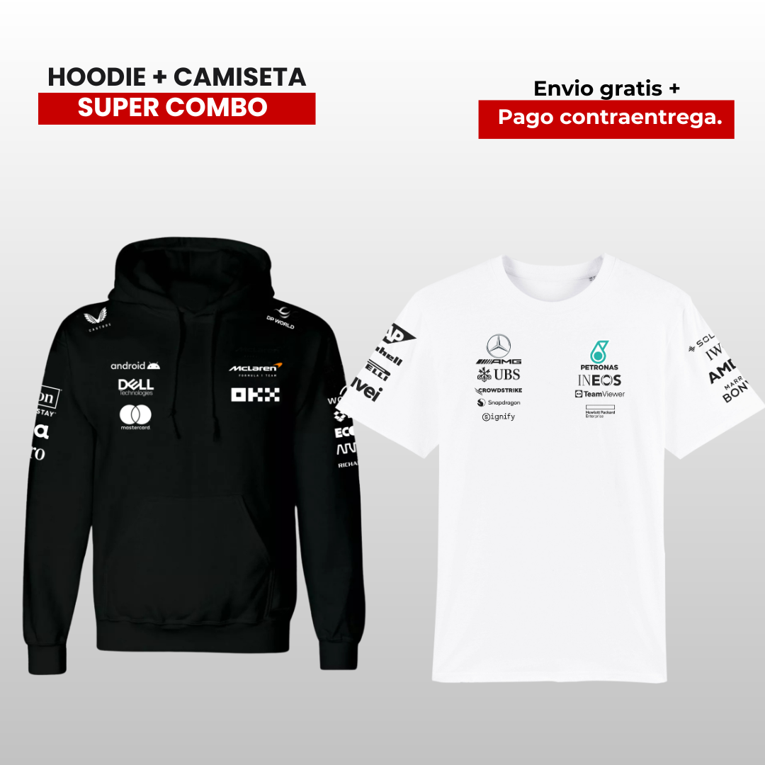 PACK CAMISETA MERCEDES AMG F1 Y HOODIE MCLAREN F1 2025