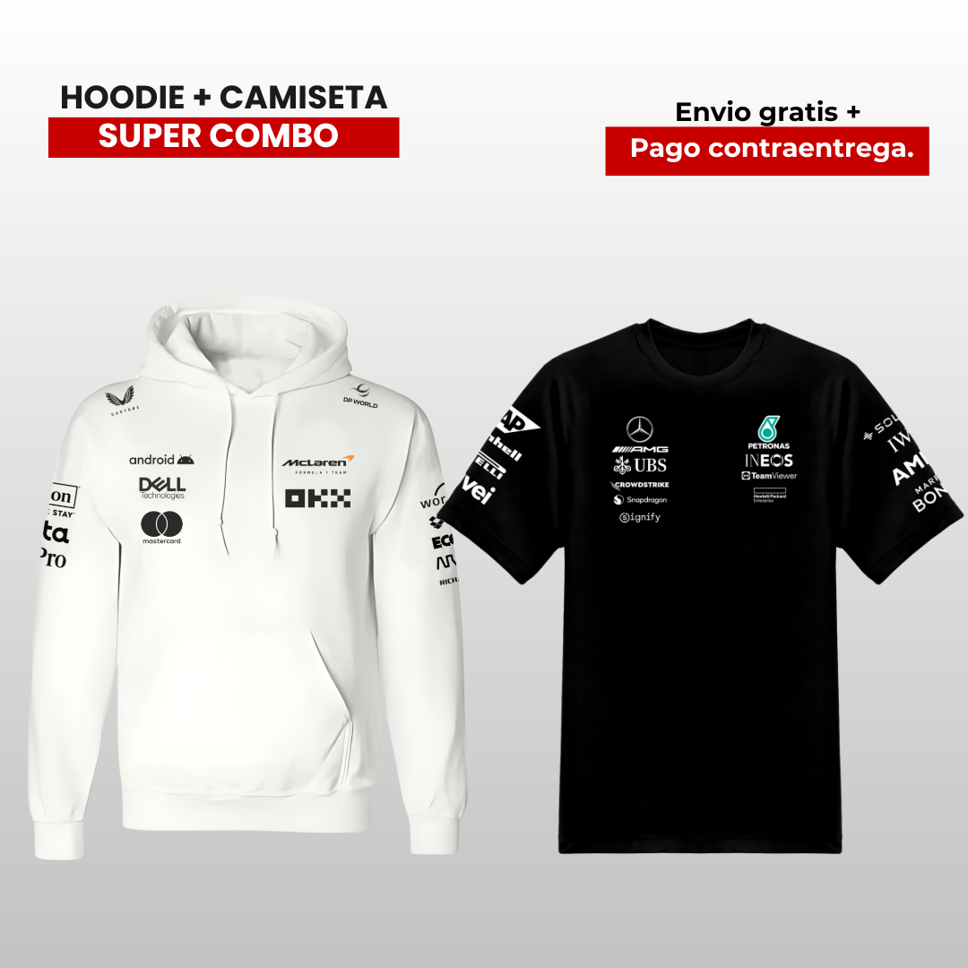 PACK CAMISETA MERCEDES AMG F1 Y HOODIE MCLAREN F1 2025