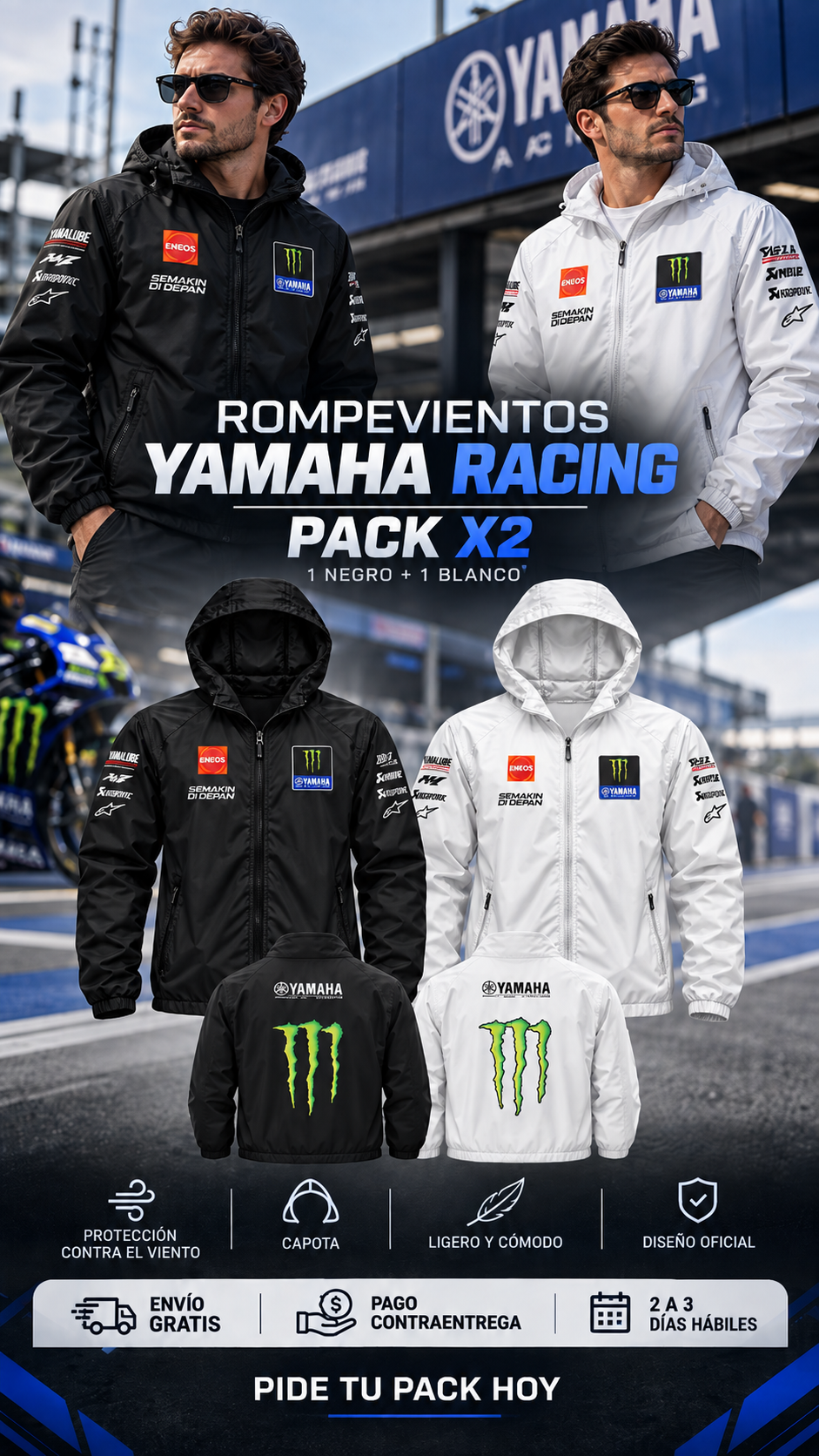 Rompevientos Yamaha Racing pack x2 negro y blanco